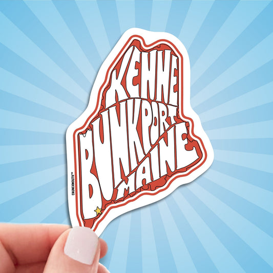 Kennebunkport travel luggage sticker, hand display, sun rays design background
