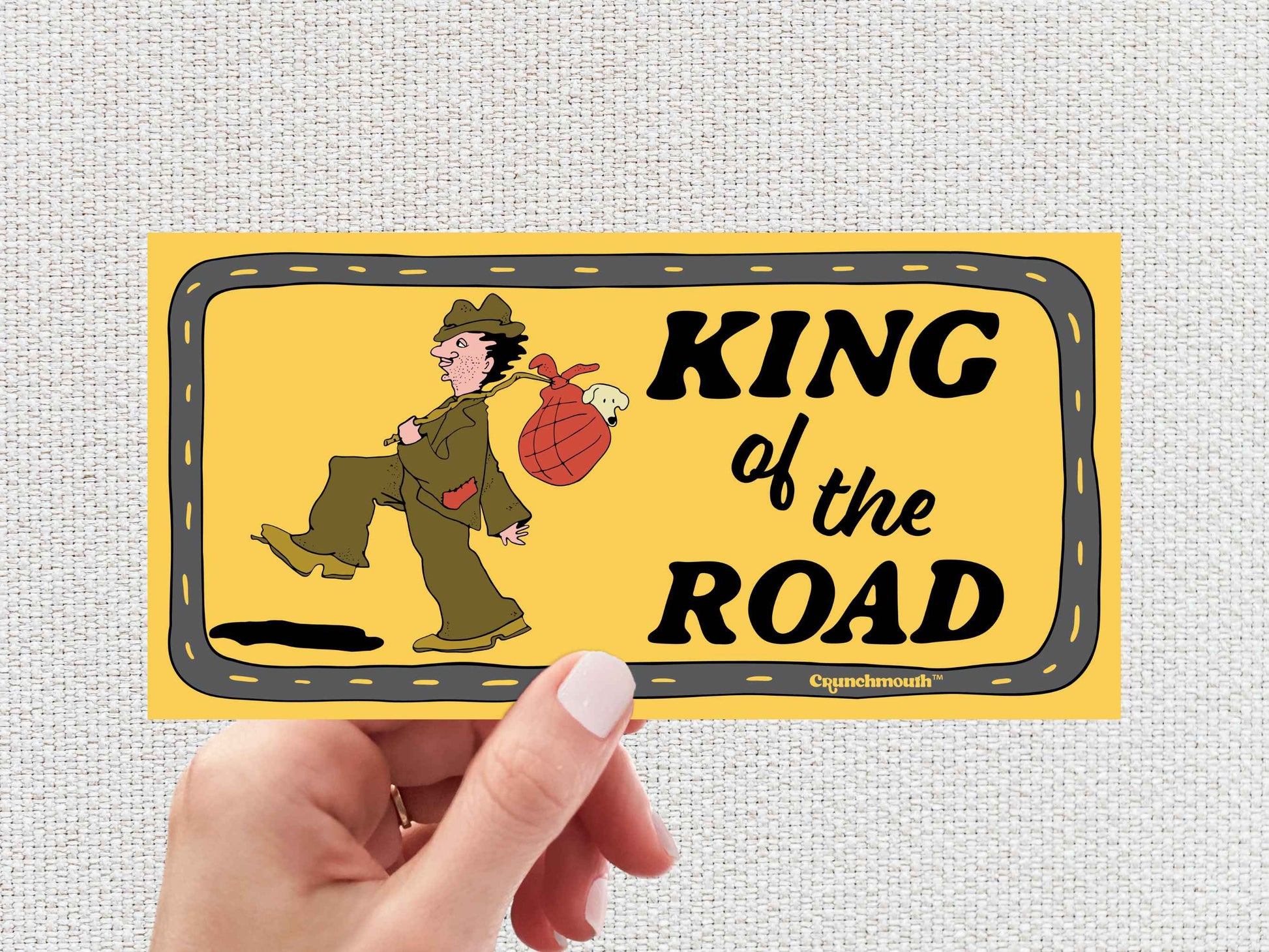 king of the road bumper sticker, hippie bumper stickers, hand display, white textured background