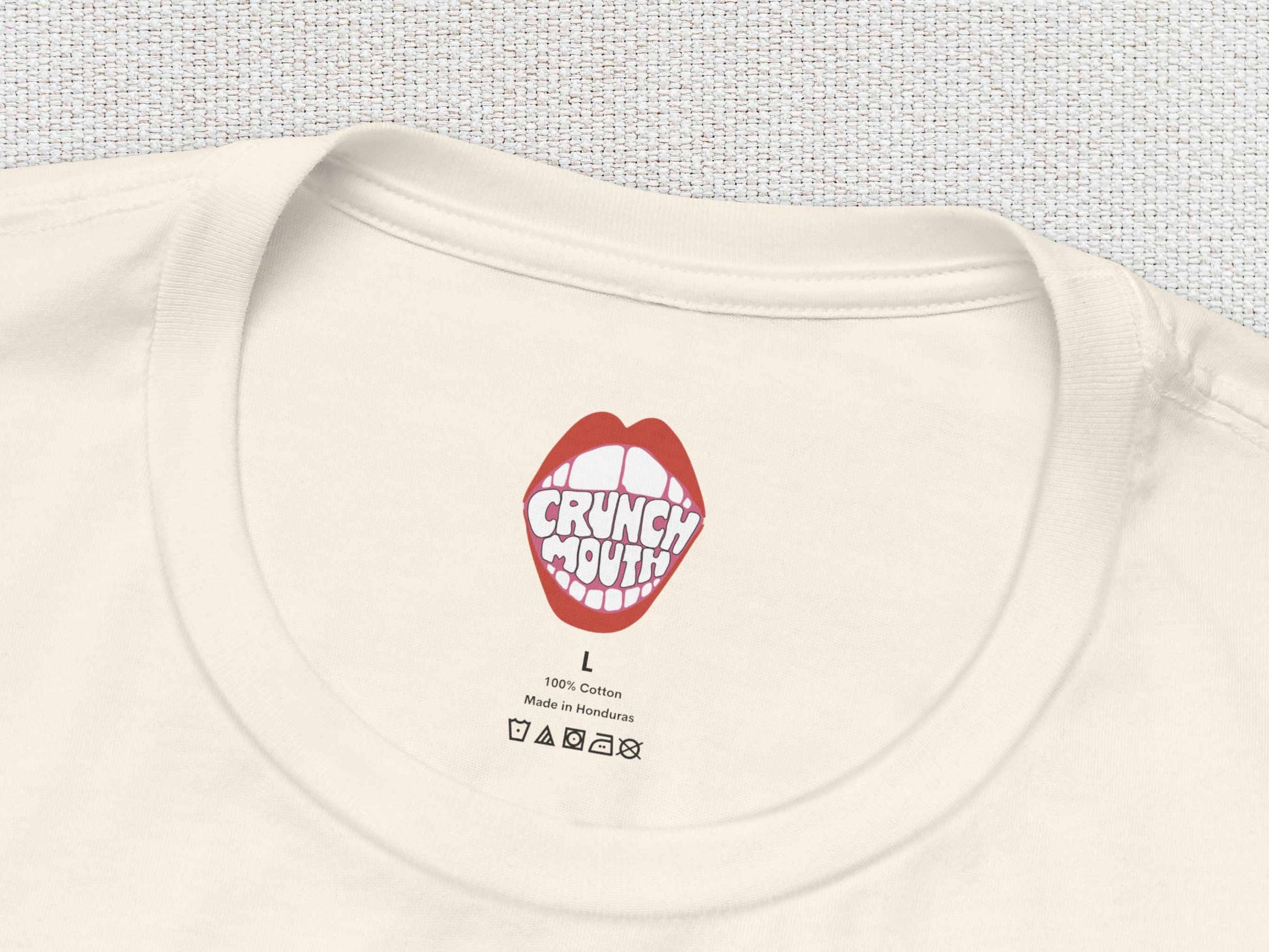 king of the road tshirt, inner neck label, white textured background