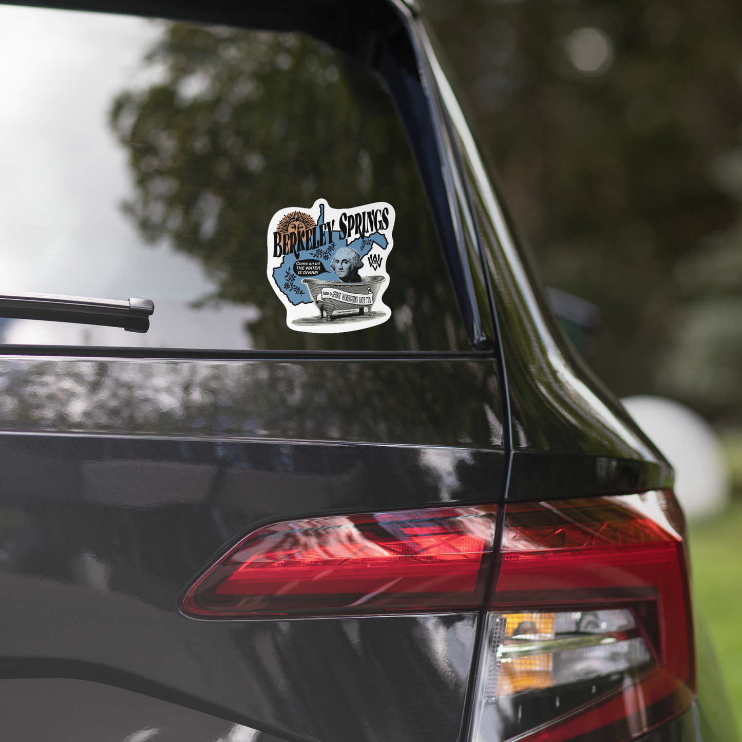 berkeley springs 5.5" bumper sticker displayed on rear car window