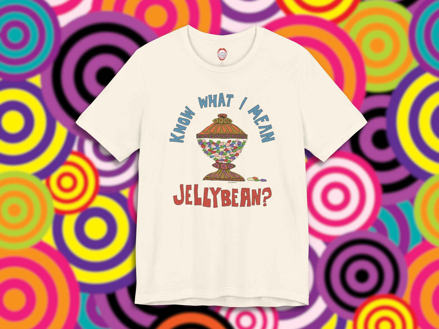 know what i mean jellybean unisex t-shirt, front, bright colorful circle background