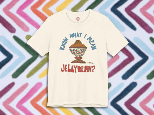 know what i mean jellybean unisex t-shirt, front, painted arrow pattern background