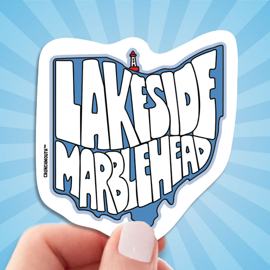 lakeside marblehead travel luggage sticker, hand display, sun rays design background