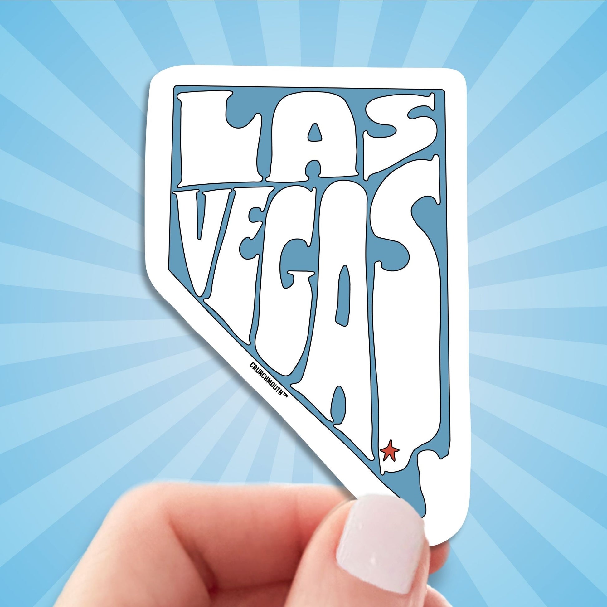 las vegas travel luggage sticker, hand display, sun rays design background
