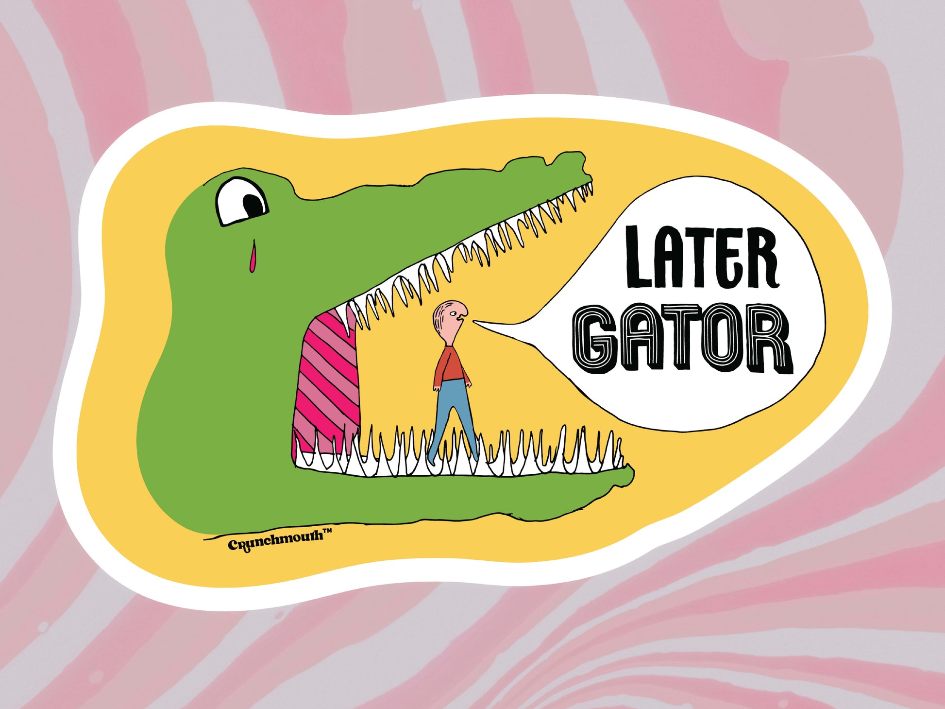 later gator funny water bottle sticker, pink swirl background