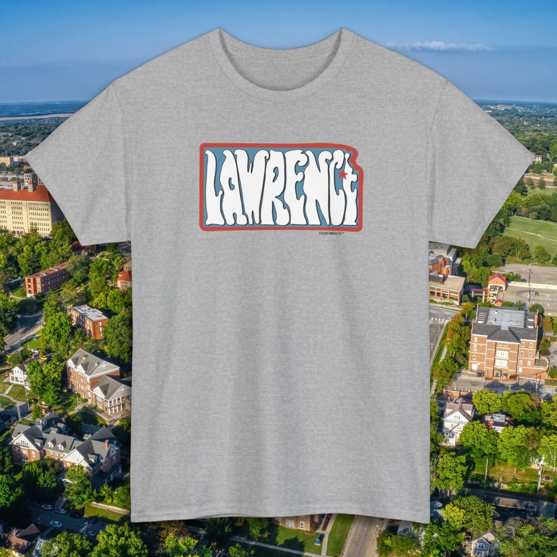 lawrence kansas shirt, front, sport grey, aerial cityscape view background