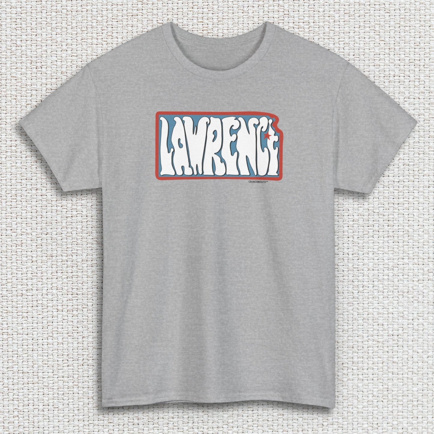 lawrence kansas shirt, front, sport grey, textured fabric background