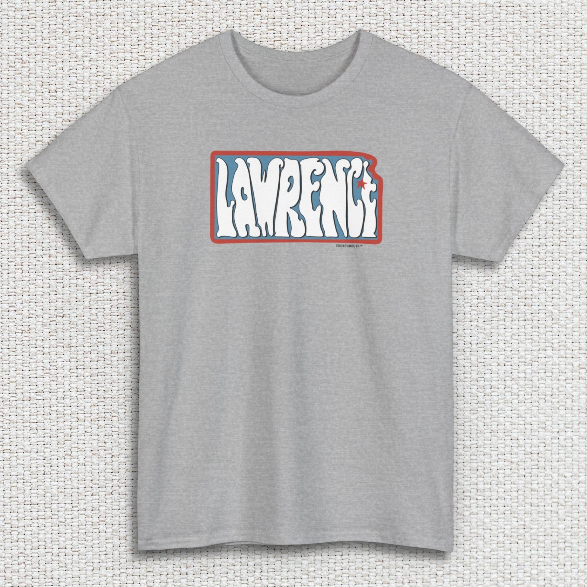 lawrence kansas shirt, front, sport grey, textured fabric background