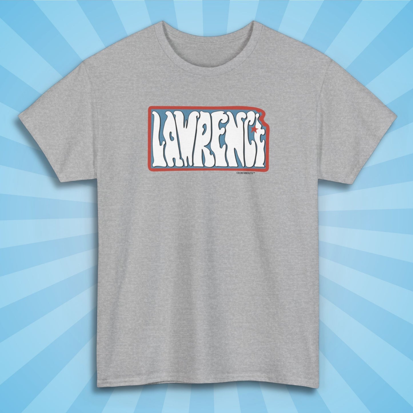 lawrence kansas shirt, front, sport grey, sun rays design background
