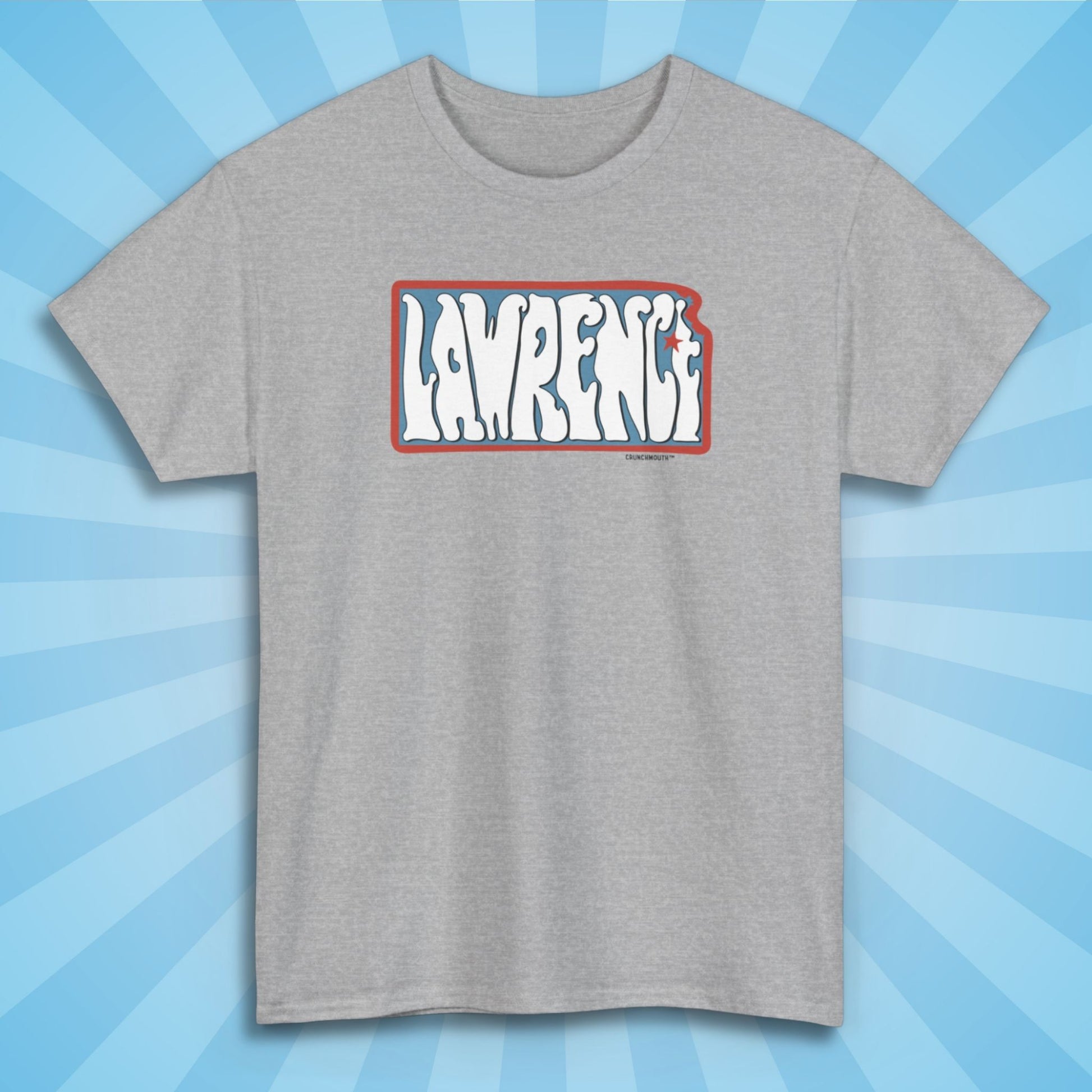 lawrence kansas shirt, front, sport grey, sun rays design background