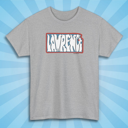 lawrence kansas shirt, front, sport grey, sun rays design background