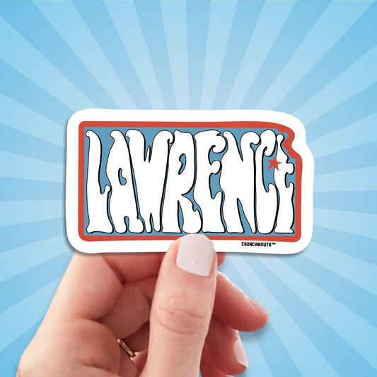 lawrence kansas travel luggage sticker, hand display, sun rays design background