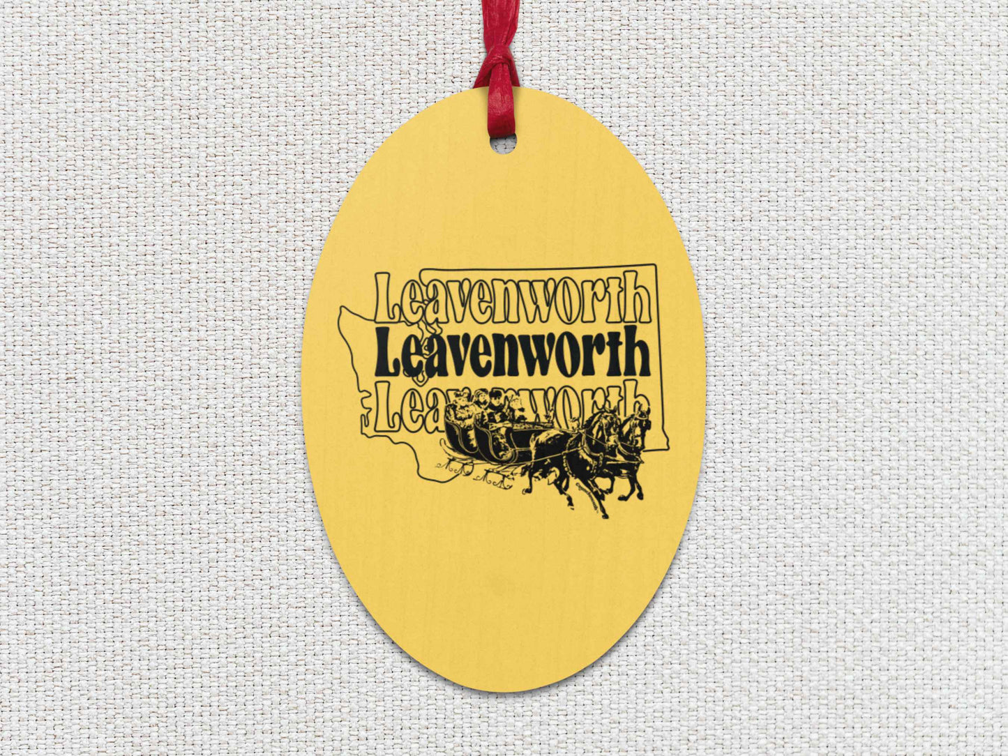 leavenworth Christmas ornament, front, white textured background