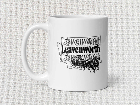 leavenworth coffee mug, 11oz, handle on left, white textured background