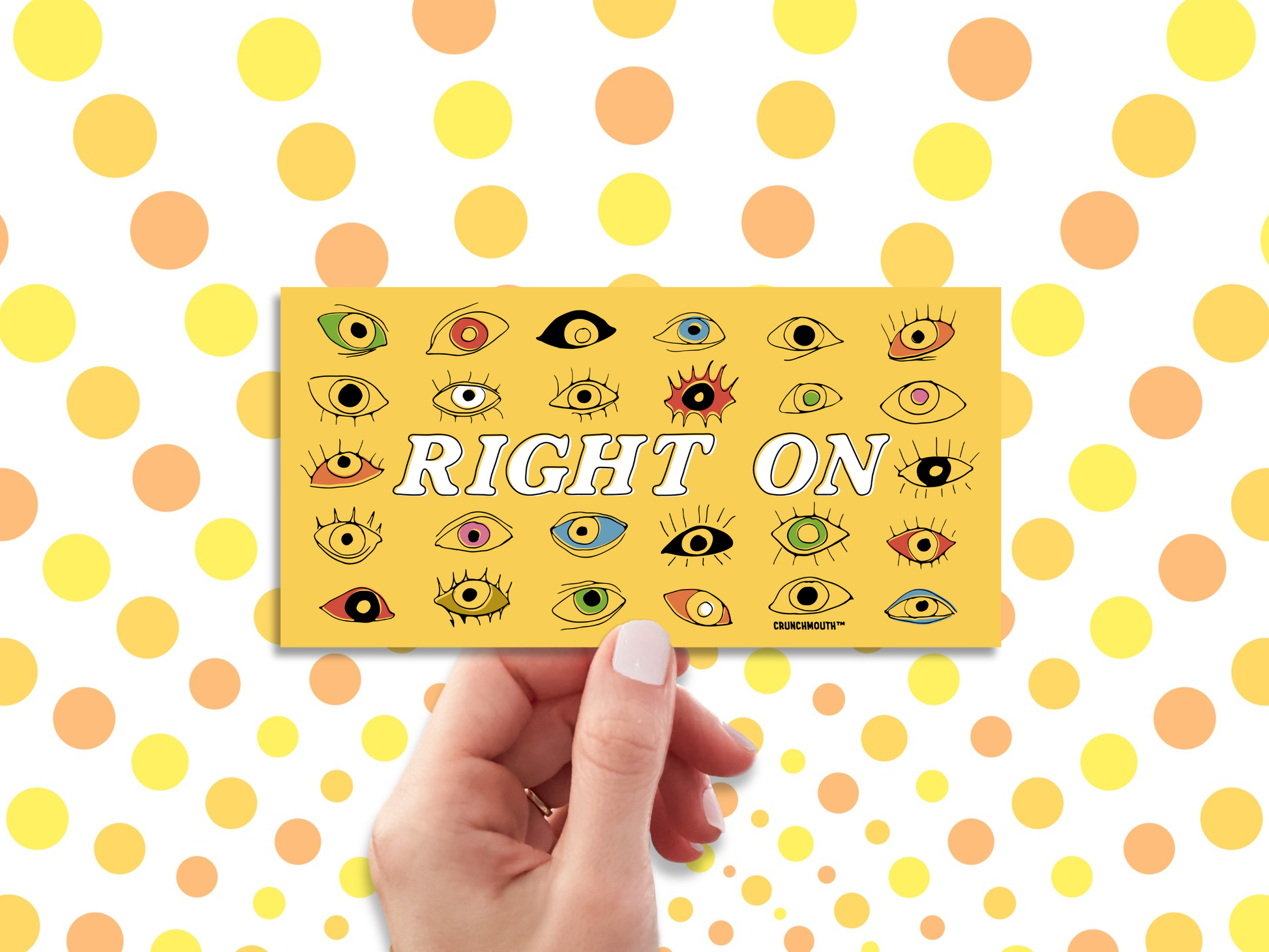 let thine eyes look right on bumper sticker, hand display, polka dots background