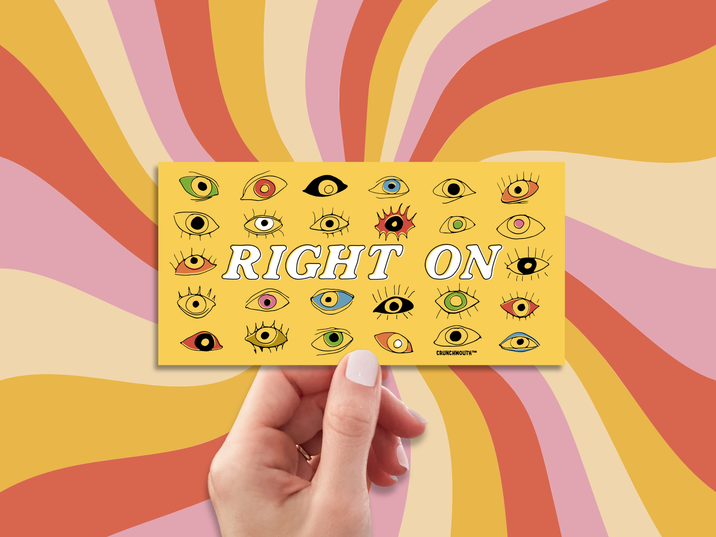 let thine eyes look right on bumper sticker, hand display, wavy sun rays design background