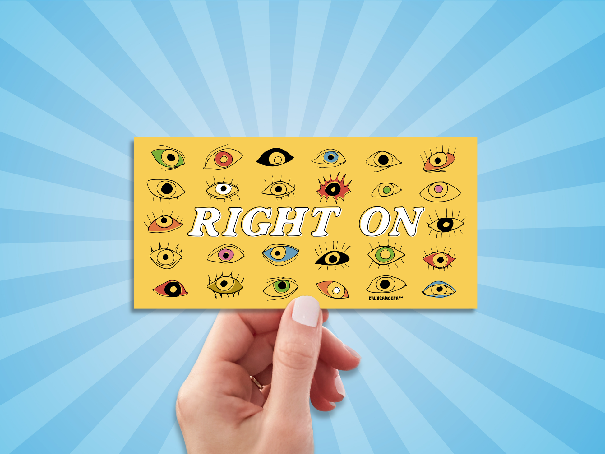 let thine eyes look right on bumper sticker, hand display, sun rays design background