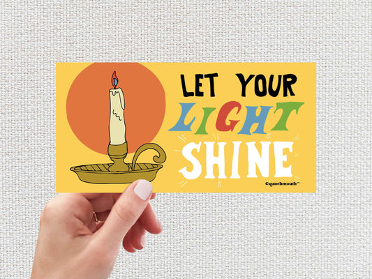 let your light shine, Christian bumper sticker, hand display, white textured background