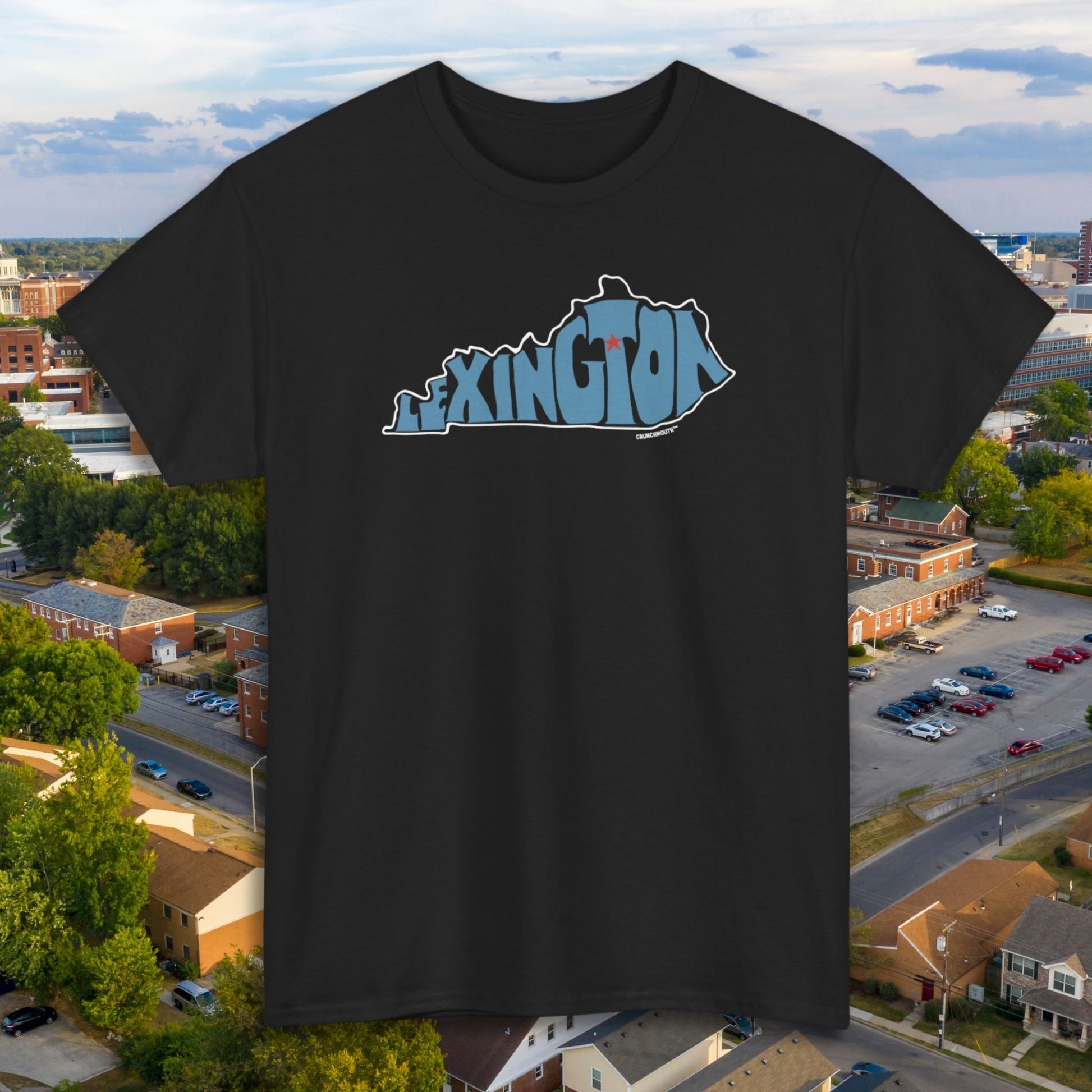 lexington kentucky shirt, black color, aerial cityscape background
