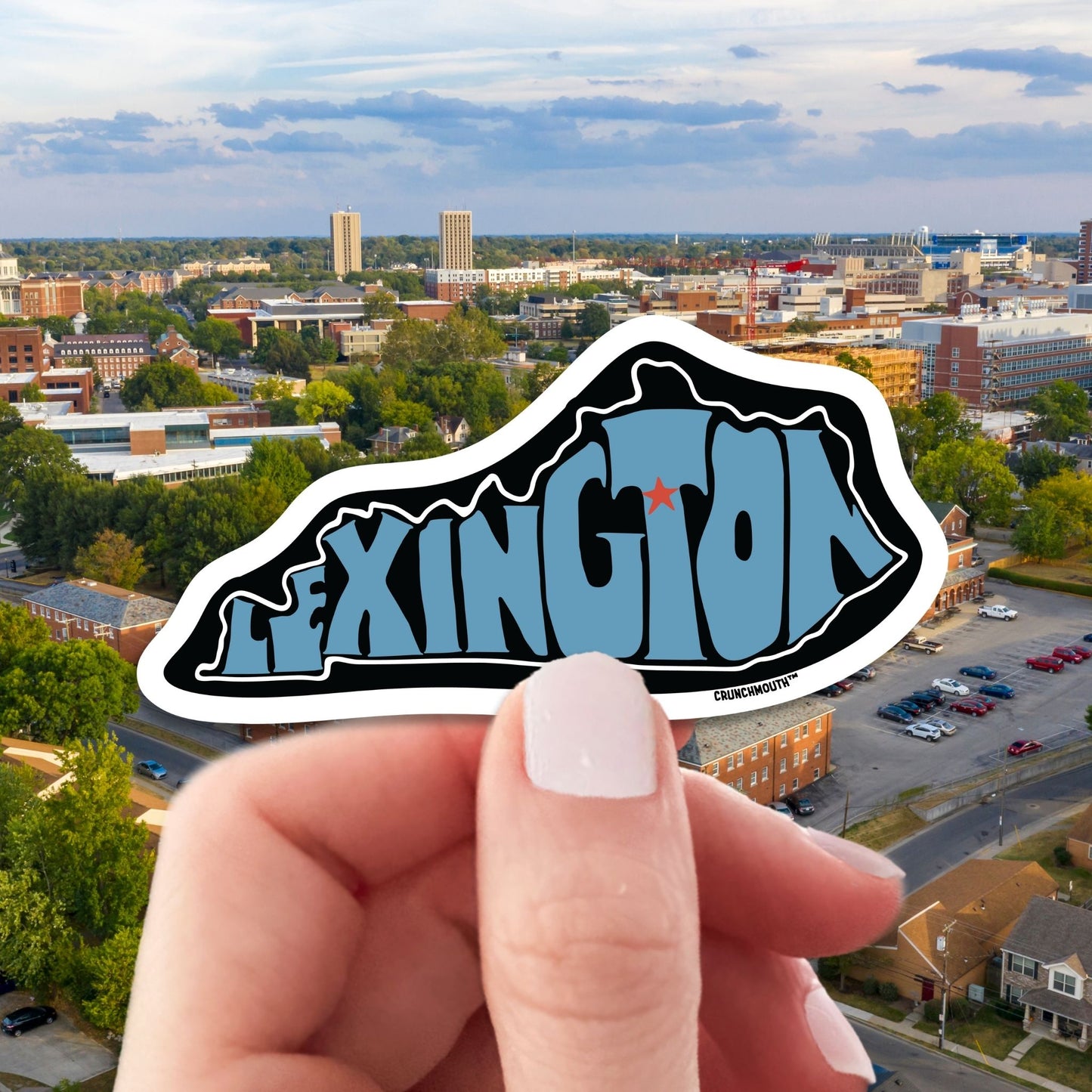 lexington travel luggage sticker, hand display, aerial cityscape background
