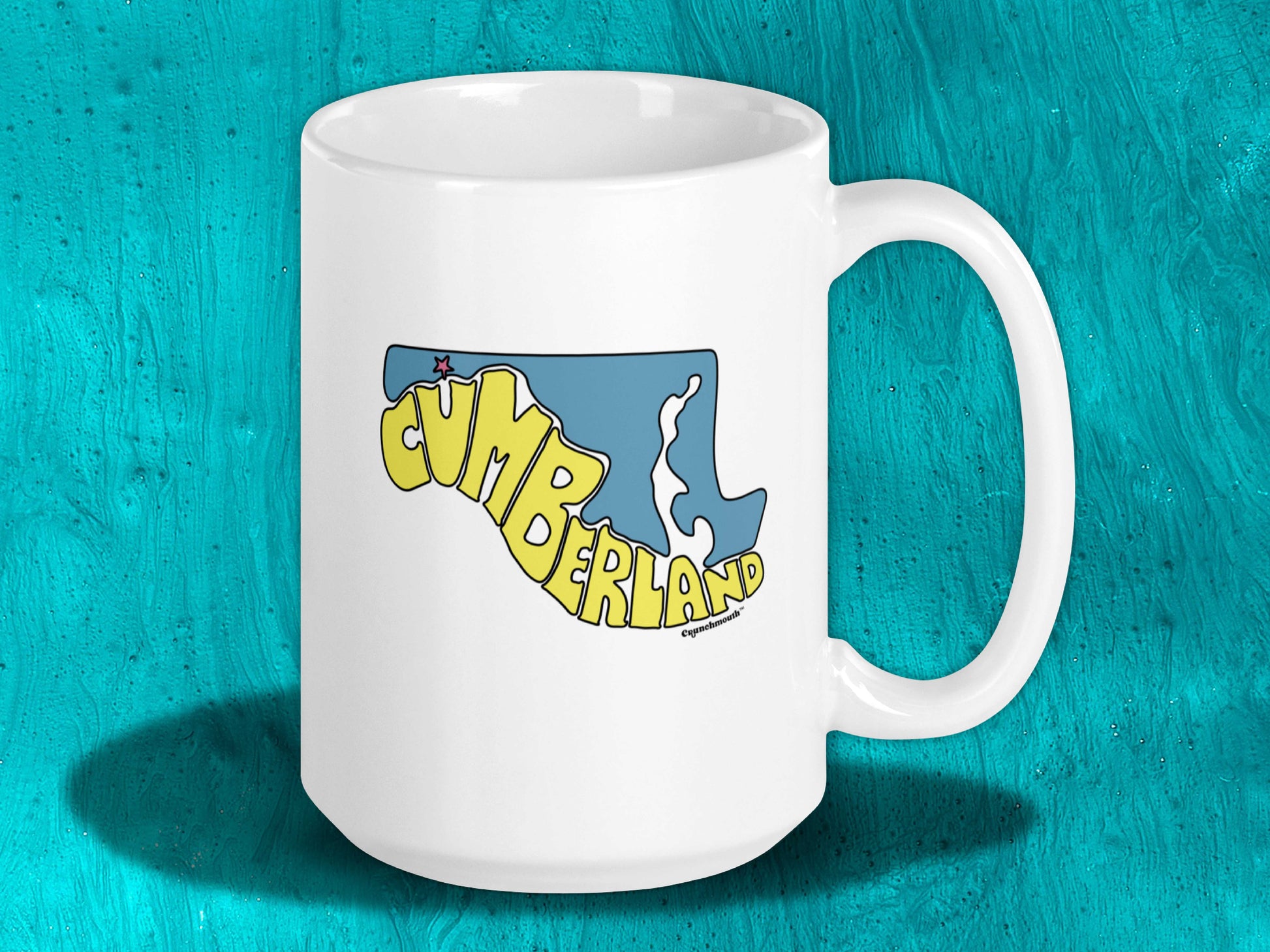 cumberland maryland 15oz coffee mug, handle on right, aqua background