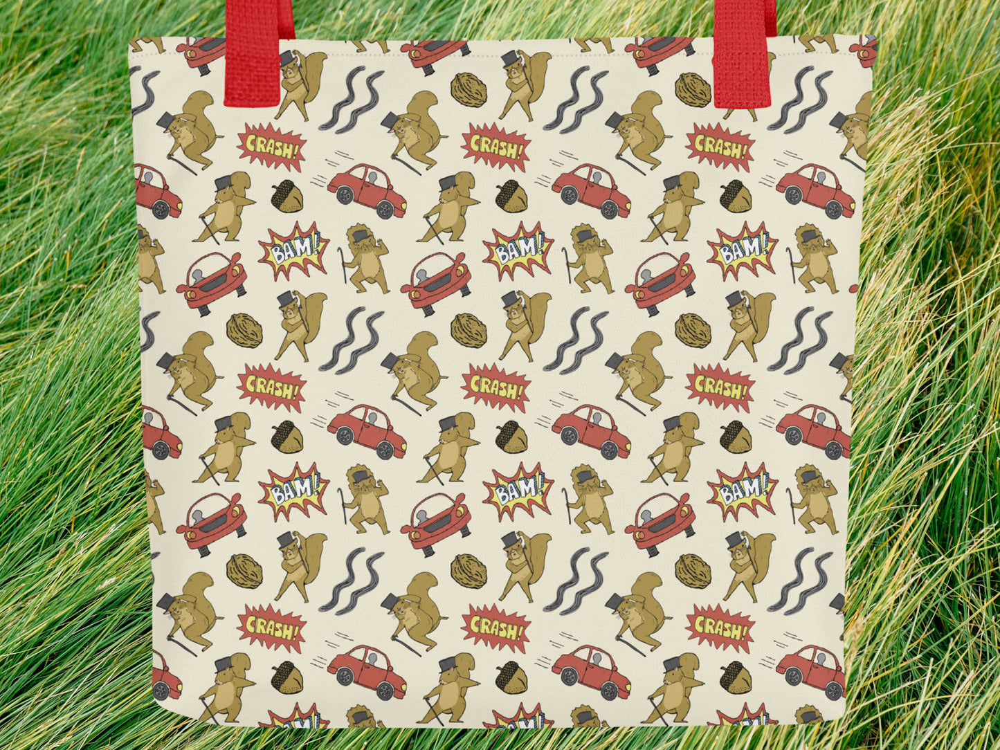 distracted squirrel tote bag, front, green grass background