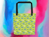 alligator eating hippo pattern tote bag, colorful oil paint background
