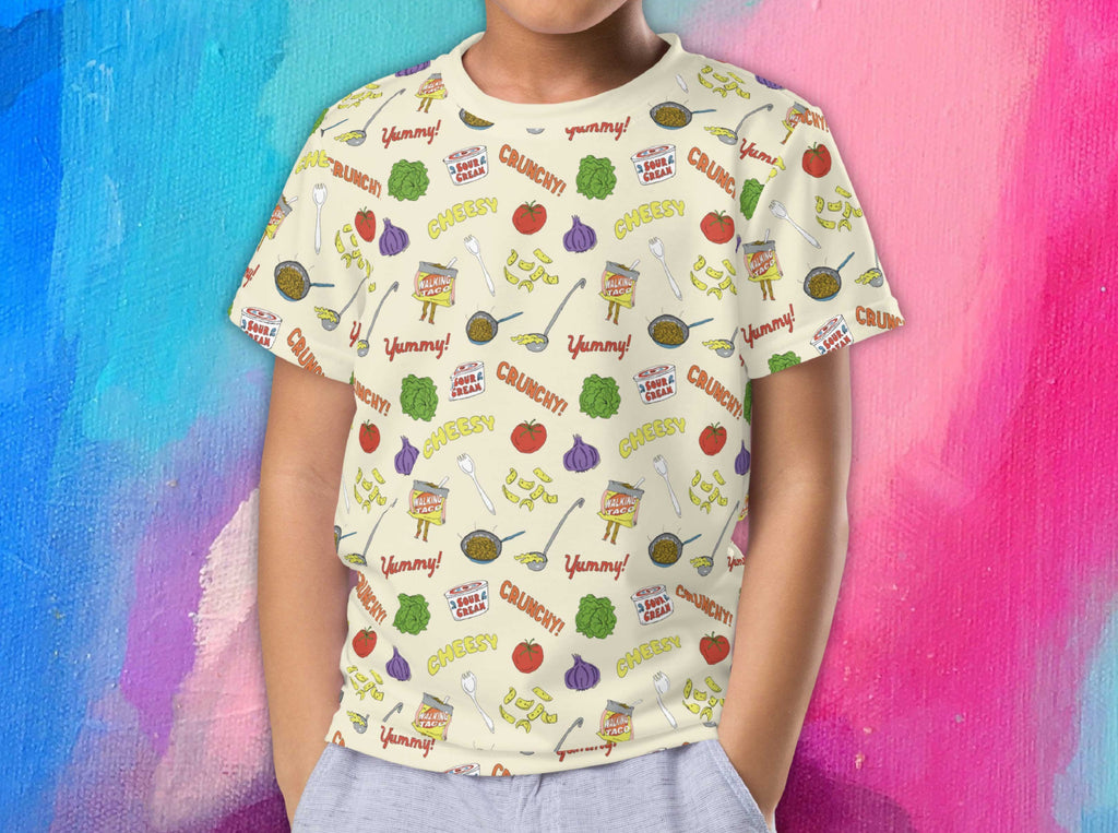 walking taco all over print t-shirt for kids, boy, colorful background