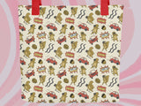 distracted squirrel tote bag, front, pink swirl background