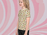 distracted squirrel in traffic shirt, front left, girl, pink swirl background