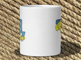 cumberland maryland 20oz coffee mug, handle in back, woven rug background