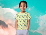 alligator hippo pattern shirt, boy, front, cloud sky background