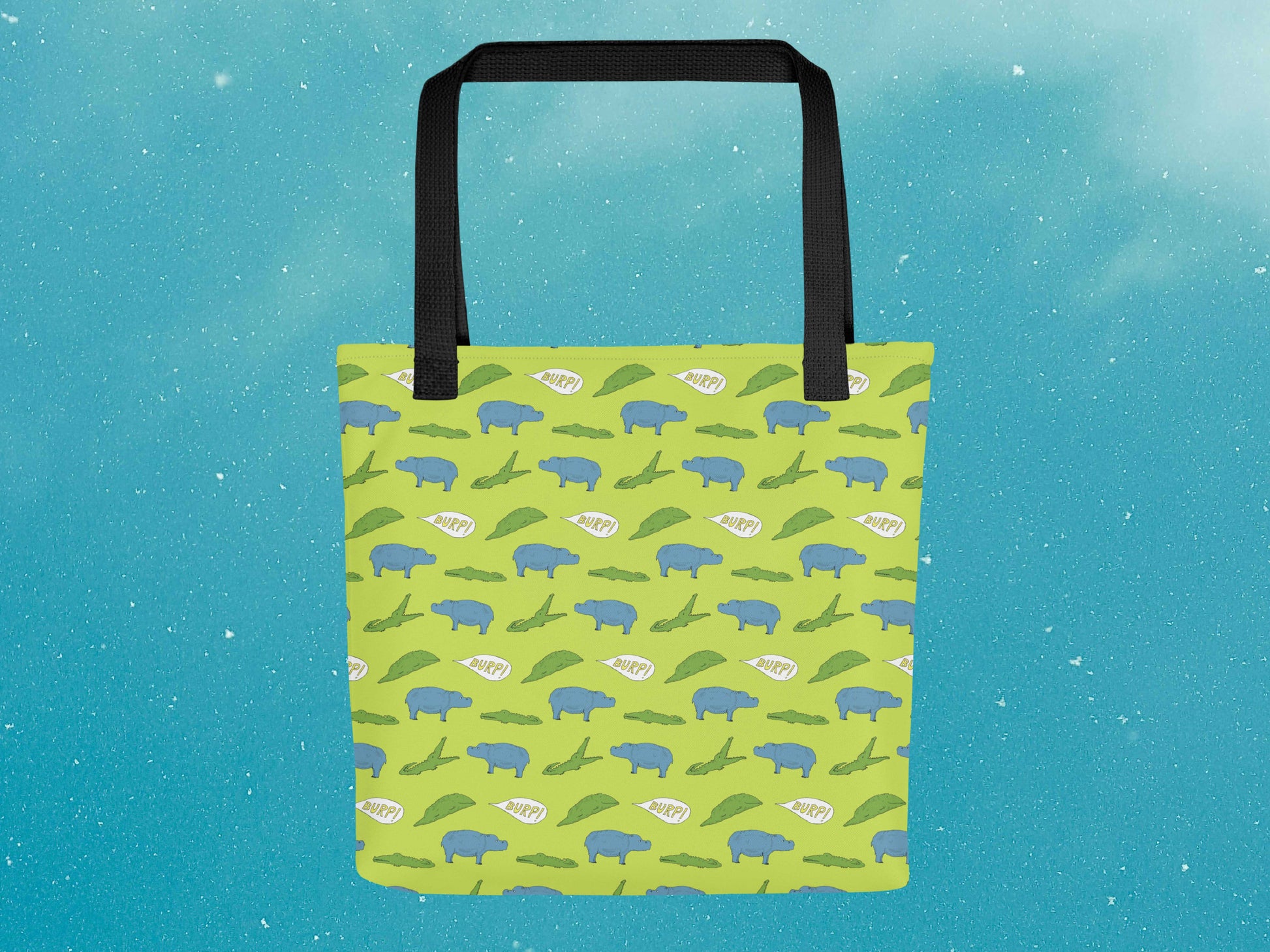 gator eating hippo pattern tote bag, blue sky background