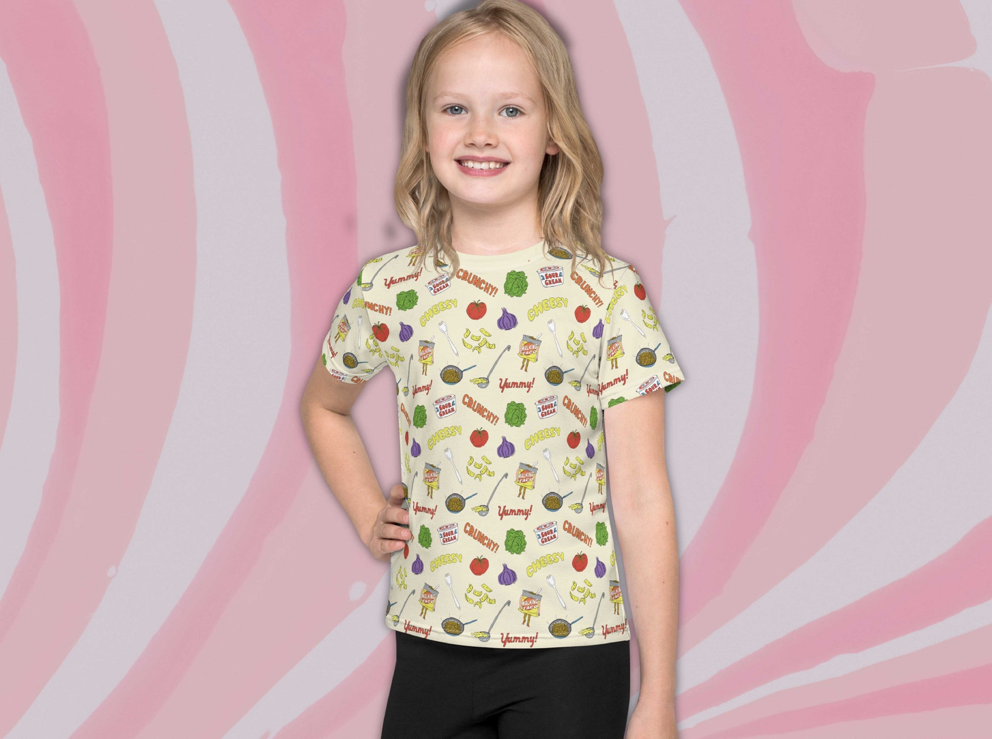 walking taco all over print t-shirt for kids, girl, pink swirl background