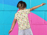 walking taco shirt for kids, boy, back, colorful brick wall background