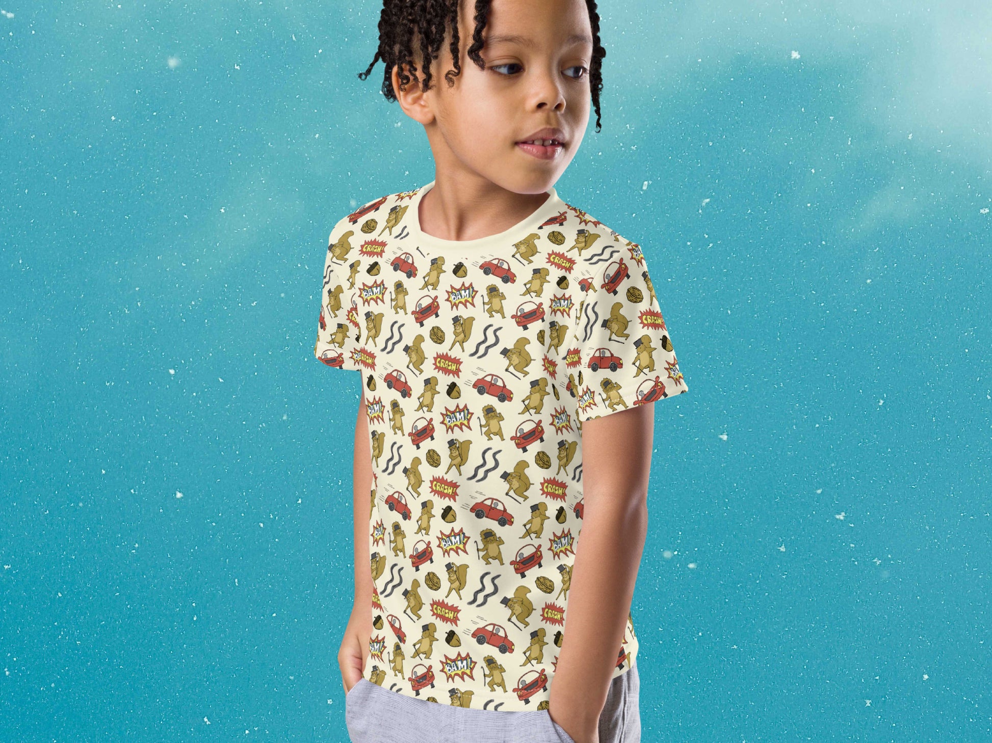 distracted squirrel all over print shirt, front left shoulder, boy, blue sky background