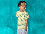 funny alligator swallowing hippopotamus allover print shirt for boys and girls, boy, front left, aqua background