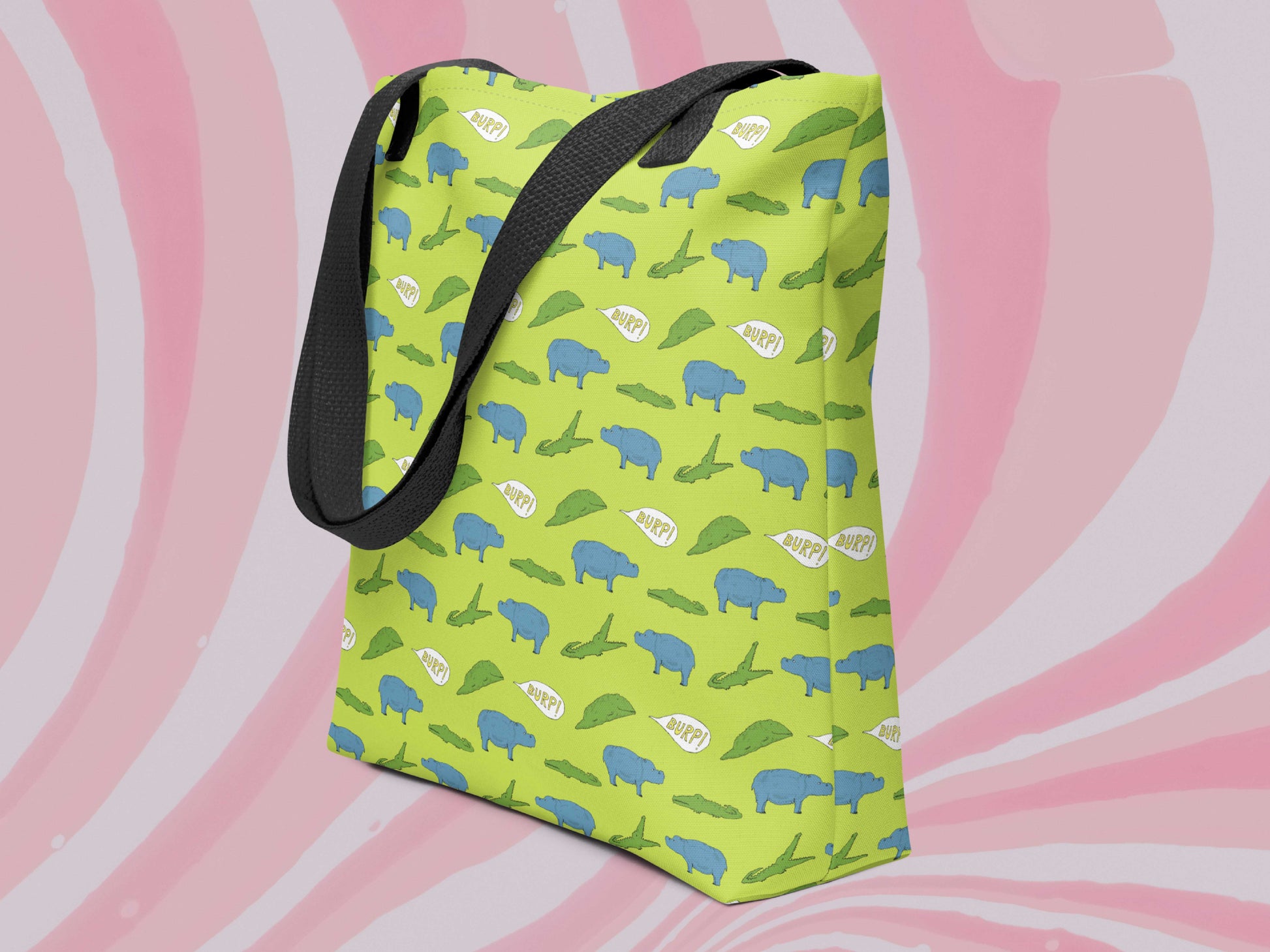 alligator eating hippo pattern tote bag, burp, pink swirl background