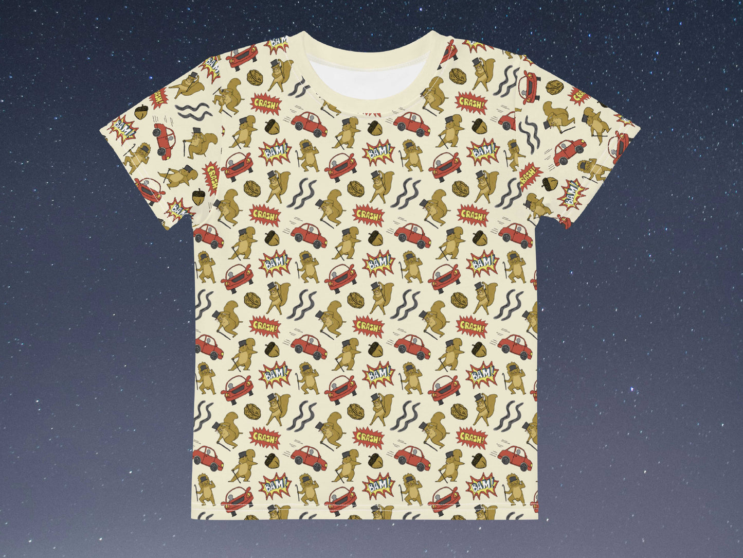 tap dancing squirrel pattern shirt for boys and girls, flat, front, starry night background