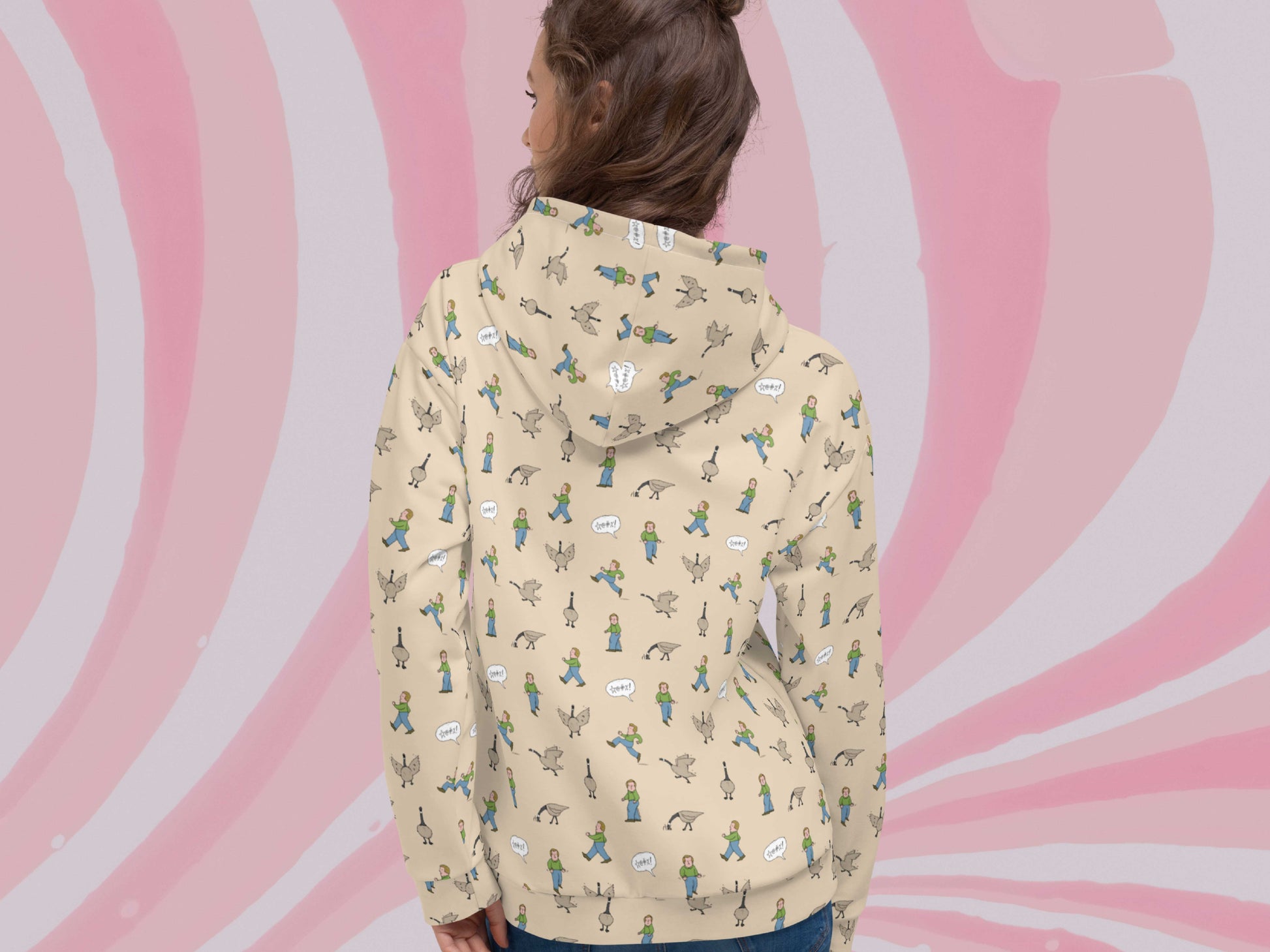 angry goose allover print sweatshirt, back, female, pink swirl background