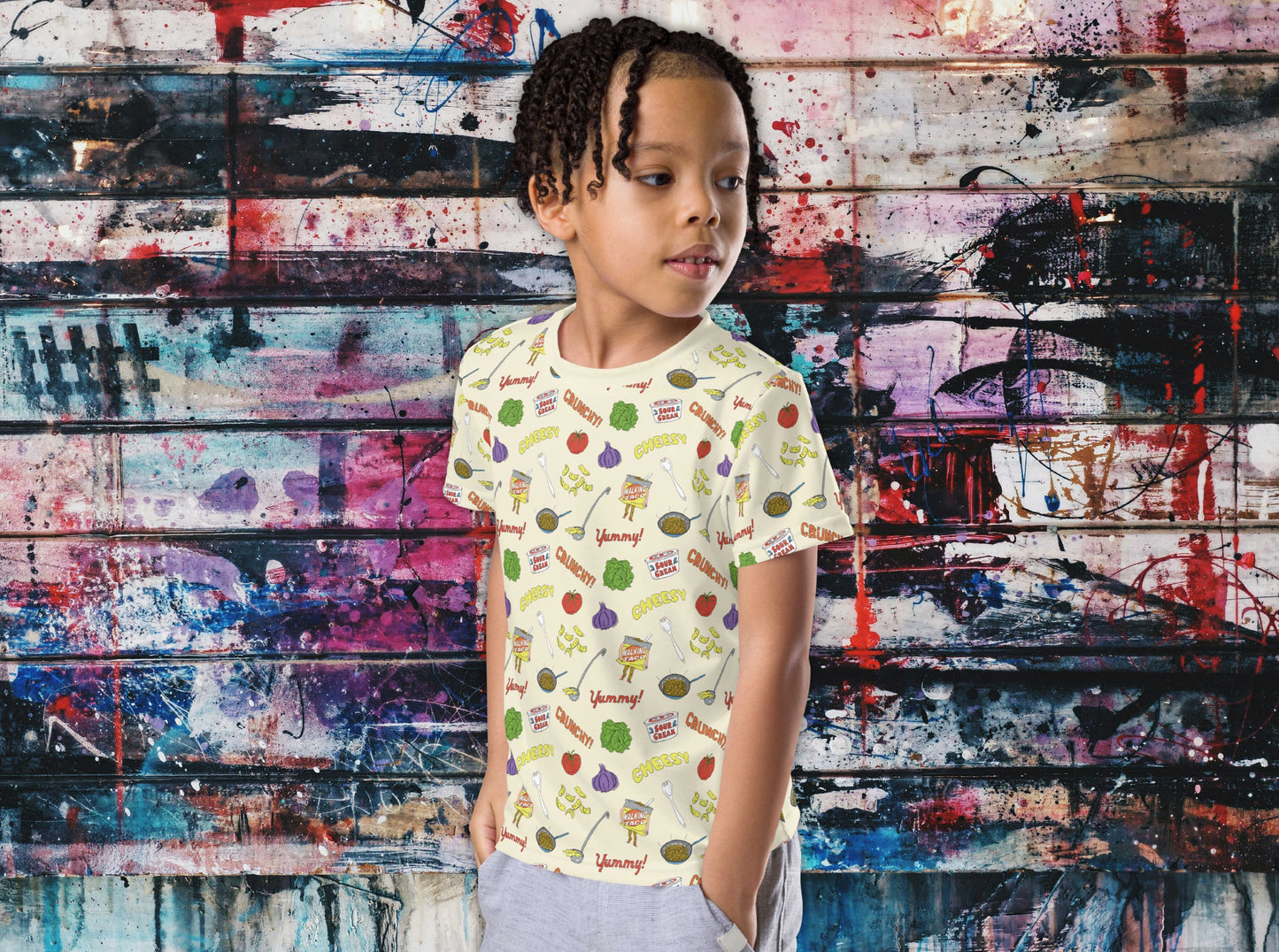 walking taco all over print t-shirt for kids, boy, graffiti background