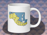 cumberland maryland 11oz coffee mug, handle on right, geometric pattern background