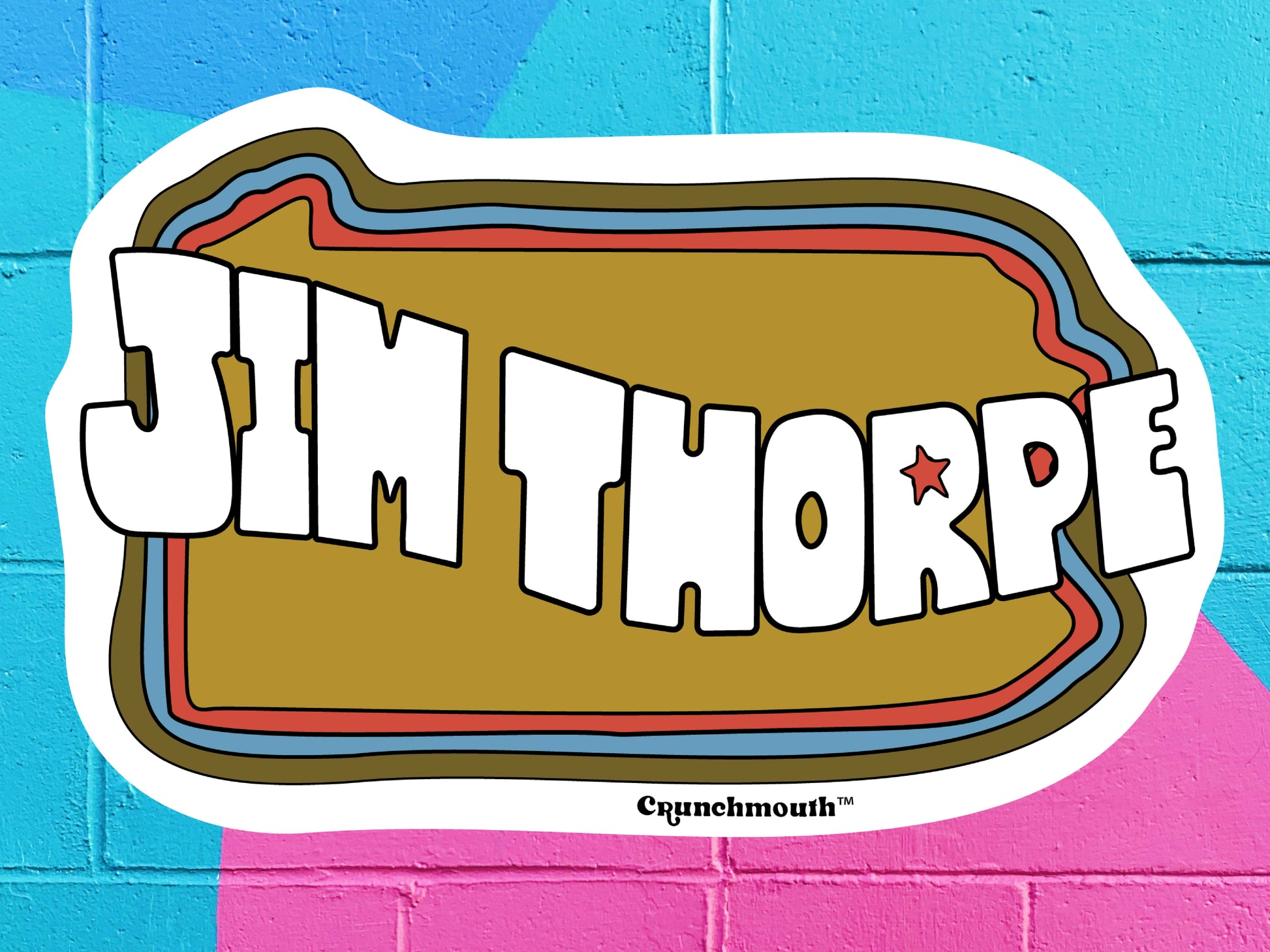 jim thorpe pennsylvania sticker, vibrant color cinder block wall background