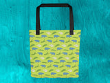 gator swallowing hippopotamus pattern tote bag, aqua background