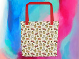squirrel in traffic reusable grocery shopping tote bag, front, colorful water color background