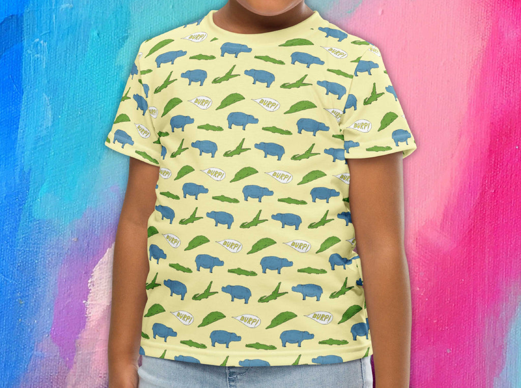 alligator swallowing hippopotamus all over print t-shirt for kids, colorful background