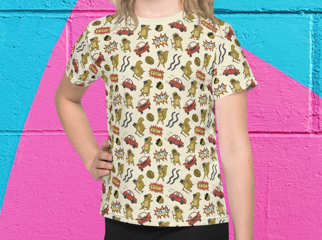 distracted squirrel all over print t-shirt, front, girl, bold colorful cinder block wall background