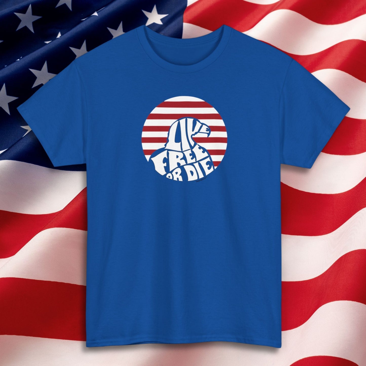 live free or die shirt, royal blue color, American flag background