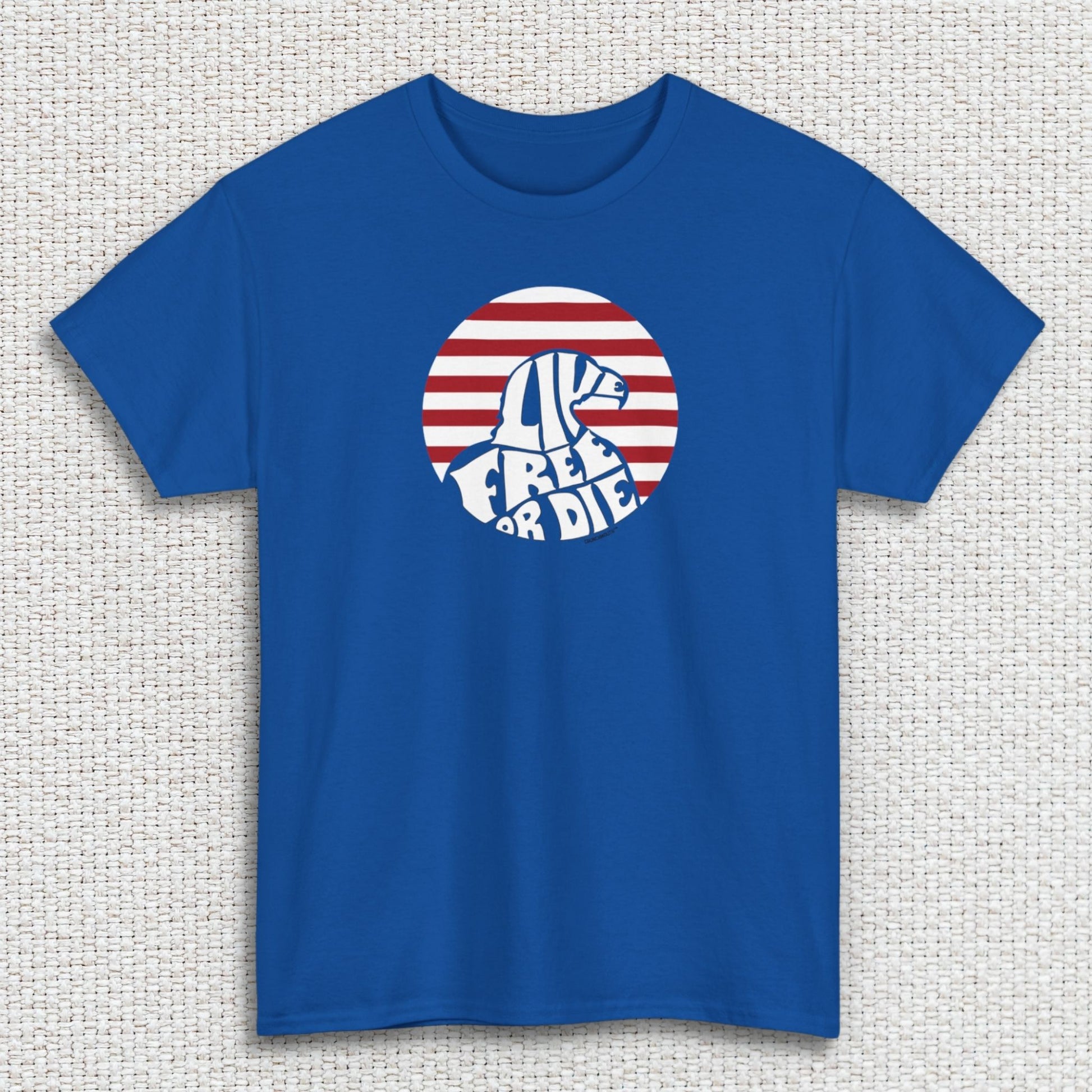 live free or die shirt, royal blue color, white textured fabric background