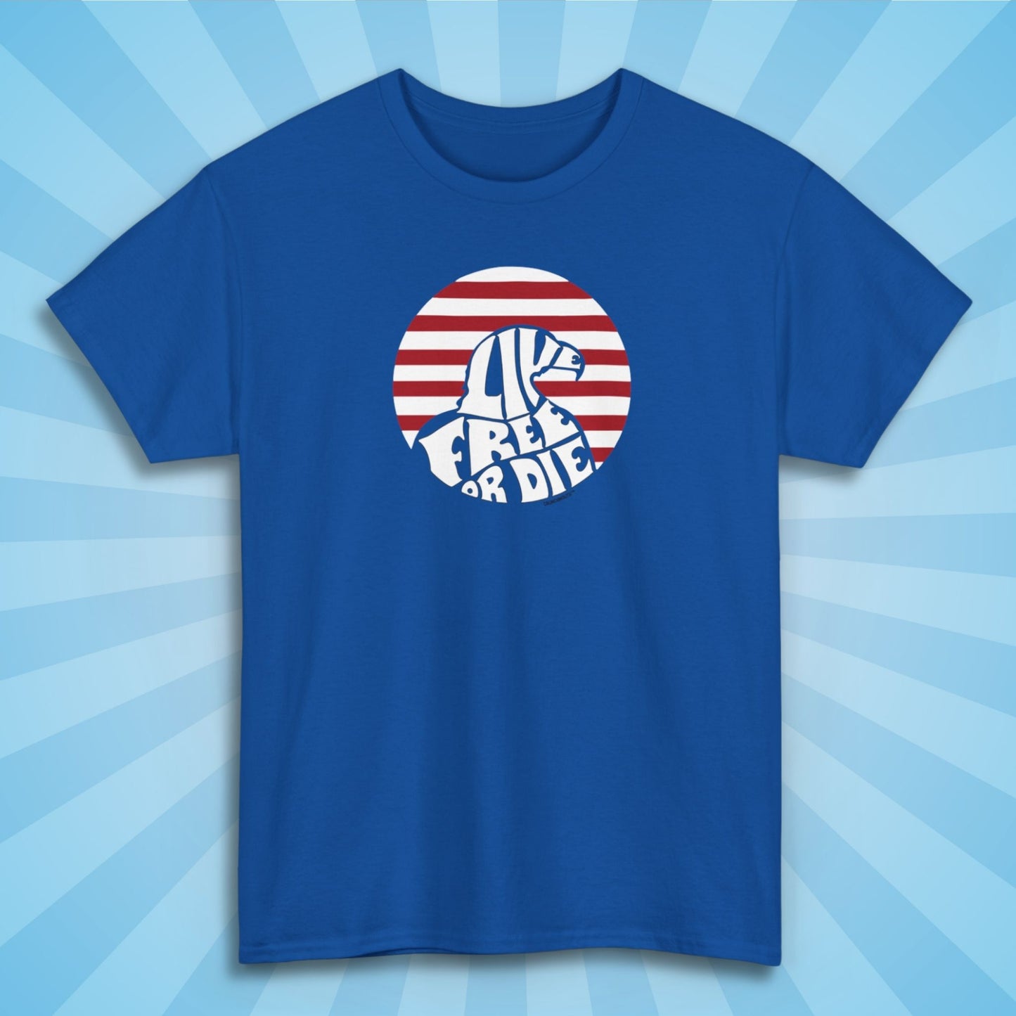 live free or die shirt, royal blue color, sun rays design background